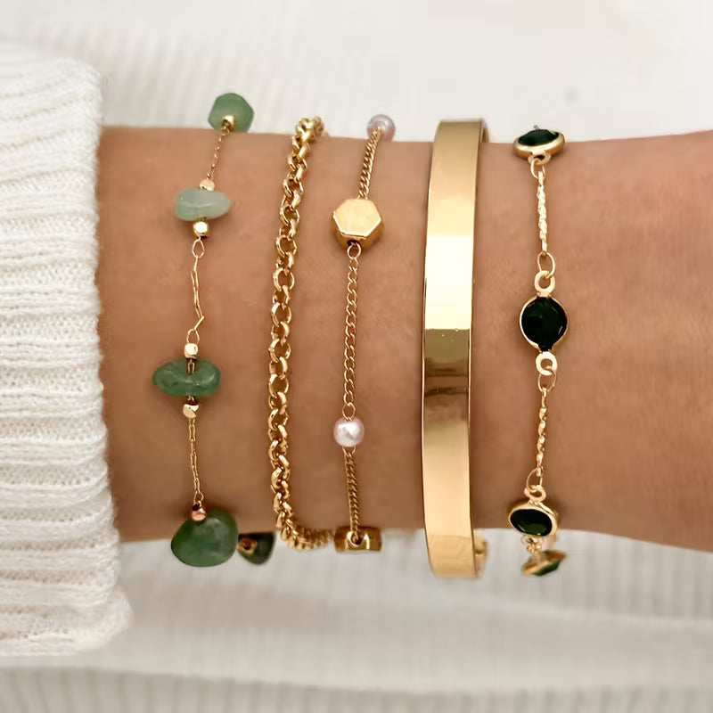 Emerald Vintage Luxe Stackable Bracelet Set (5-Piece)