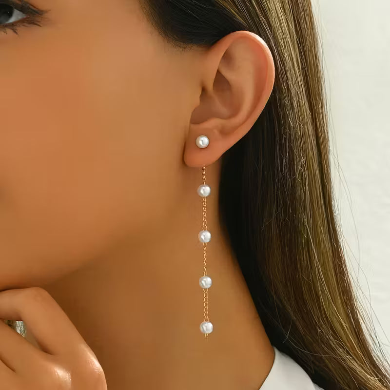 Elegant Faux Pearl Tassel Drop Earrings – Long Dangle Wedding-Style Statement Earrings