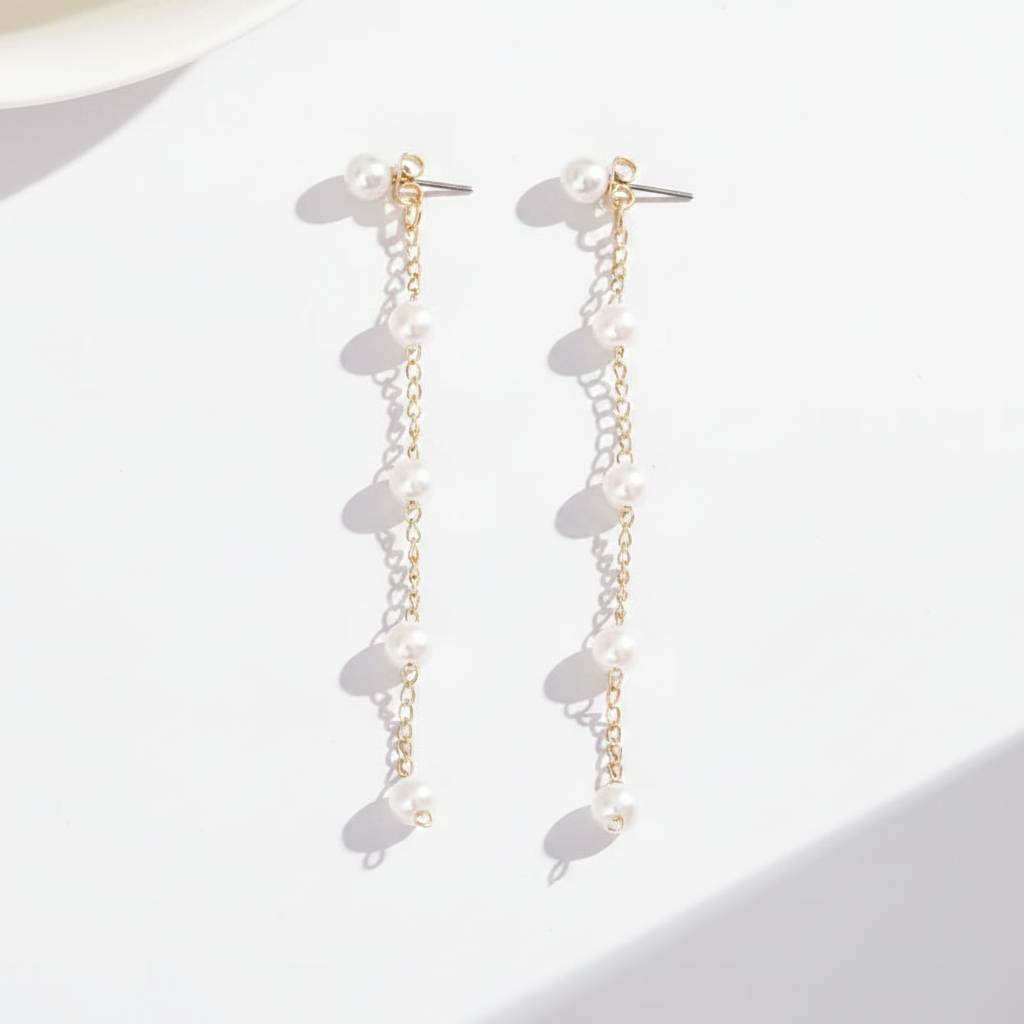 Elegant Faux Pearl Tassel Drop Earrings – Long Dangle Wedding-Style Statement Earrings
